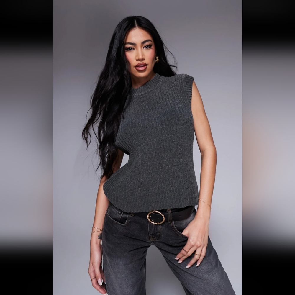 ASOS Design Chenille Sleeveless Ribbed Knit Top - Charcoal XS